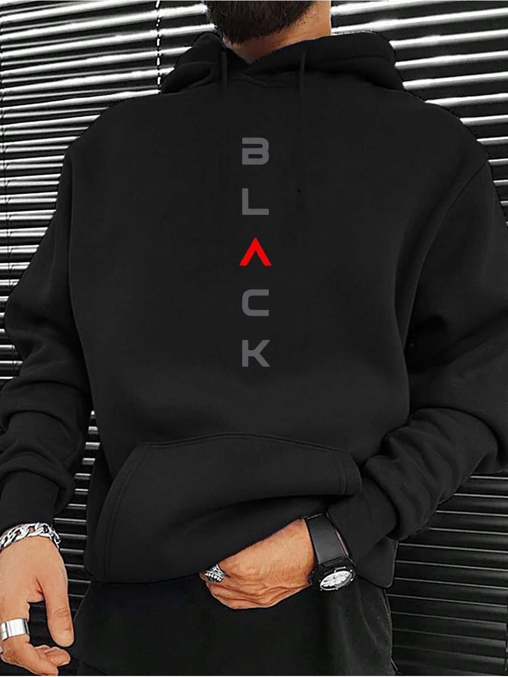 Men's Black Graphic Hoodie with Vertical 'BLACK' Print